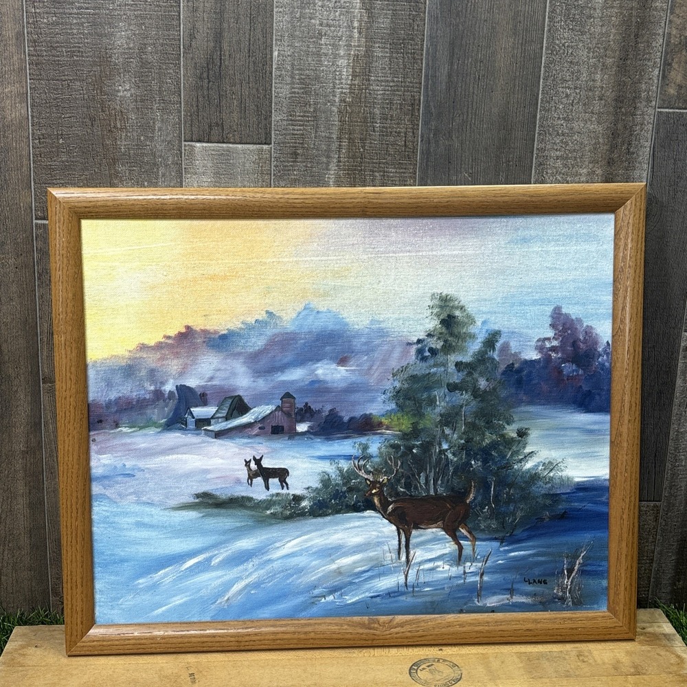 Vintage MCM Hand Painted Winter Landscape Deer Signed L Lange Fredrix Framed